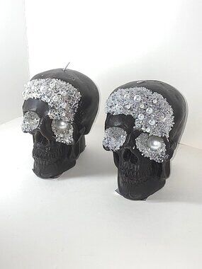 2 - Ashland 5" Black Skull w Pearls Unscented Candle Halloween Home Decor - NEW